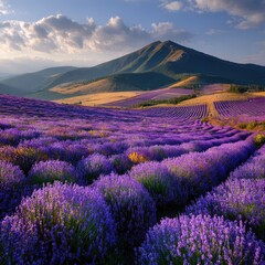 Vast lavender field, rolling hills, mountain backdrop, golden light