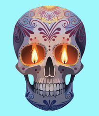 Detailed Day of the Dead Sugar Skull with Candles and Floral Elements Traditional Vector Illustration