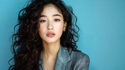 Portrait of an elegant asian woman with long curly hair against a blue background. Beauty and fashion concept presentation for magazine.
