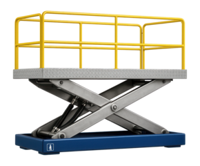 Low-profile mobile scissor lift with a wide base for stability in aircraft hangars.