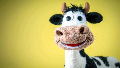 Close-up of a quirky, handmade cow doll with big googly eyes and a goofy smile set against a vibrant yellow background