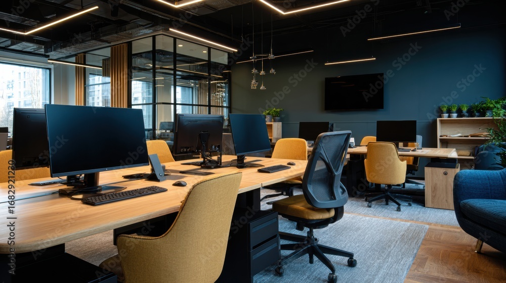 Poster modern office workspace with yellow chairs and multiple computer setups in a well-lit environment