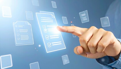 Hand interacts with glowing document icons on blue background, implying efficiency. Digital paperwork in a modern, clean and futuristic design