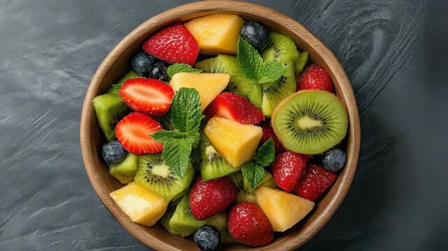 Delicious fruit salad bowl featuring strawberries, kiwi, pineapple, and fresh mint leaves