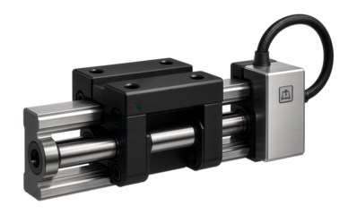 Dual-axis linear guide system with integrated encoder for precise positioning in a robotics lab.