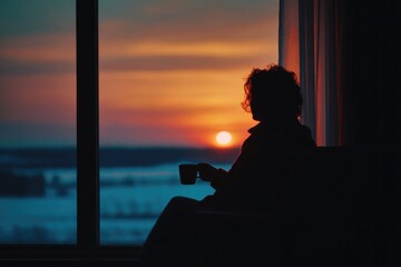 Silhouette of a person sitting by a large window, watching the sunset with a cup of tea, warm moody tones.