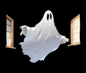 Spooky White Ghost Appearing from a Window Halloween Night Scene Vector Cartoon Illustration