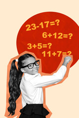 Composite 3D photo collage design trend of sticker young schoolgirl smile write maths numbers september academic class university student