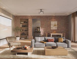 Modern living-dining space with exposed brick wall, gray sofa, wooden furniture, and warm minimalist decor, 3d render
