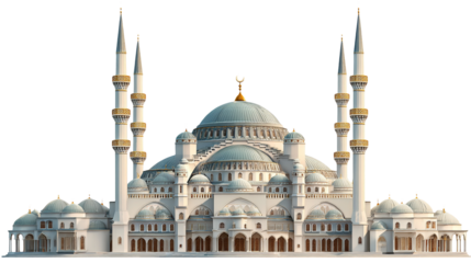 Magnificent mosque with minarets isolated on transparent background, a symbol of islamic faith