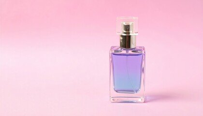 Gradient purple-blue liquid in clear glass perfume bottle on a light pink background. Simple product shot