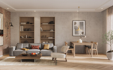 Modern living room featuring a concrete wall, gray sofa, wooden furniture, and warm minimalist decor, 3d render 