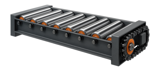 Chain-driven roller conveyor with heavy-duty rollers for a steel mill