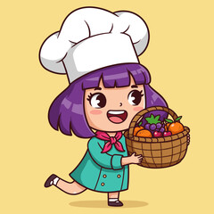 Cheerful cartoon girl chef with purple hair, holding a fruit basket, dressed in teal outfit and white chef hat.