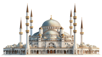 Majestic mosque with towering minarets isolated on transparent background, a symbol of islamic art