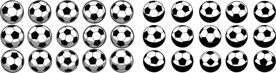 Set of sixteen monochrome soccer balls. Football or soccer related. Collection symbol of football

