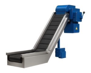 Automatic chip conveyor with a hinged belt system for swarf removal in a machining center.