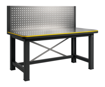 Heavy-duty steel workbench with a perforated back panel for tool organization in a manufacturing plant