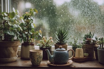 small indoor plants arranged near a window with raindrops, a cute teapot and cup on the table.