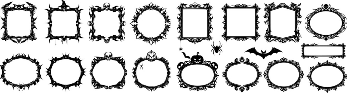 Set of gothic style halloween frames with black spiky outlines
