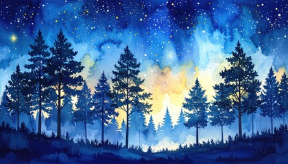 Watercolor landscape blue pine trees under a star-filled night sky with a light gradient. A serene and magical scene, perfect for cozy decor