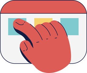 A red cartoon hand with an index finger tapping on a digital calendar or schedule interface.