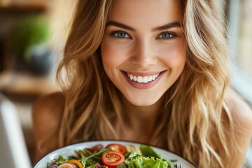 Portrait of a young woman sitting at home on the sofa with a laptop, eating salad and fresh vegetables from a plate, smiling at the camera, Generative AI