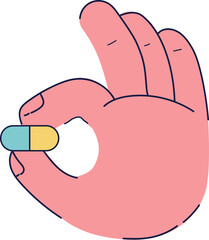 A stylized illustration of a hand holding a two-toned blue and yellow pill capsule between its fingers.