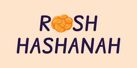 Rosh Hashanah holiday greeting with round challah bread in festive text on light background.