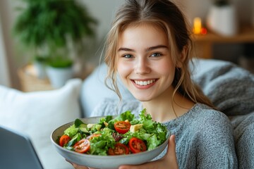 Portrait of a young woman sitting at home on the sofa with a laptop, eating salad and fresh vegetables from a plate, smiling at the camera, Generative AI