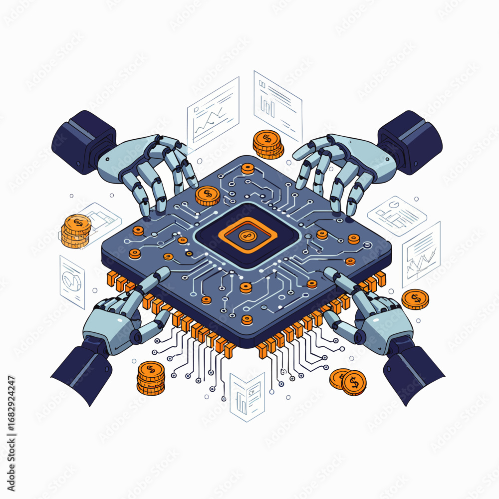 Poster robotic hands engage with a central microchip, illustrating the powerful synergy of artificial intel