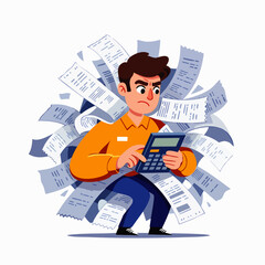 A frustrated man, surrounded by a chaotic pile of paper receipts, meticulously uses a calculator to manage overwhelming financial burdens and personal expenses.