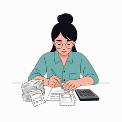 Focused young woman checks bills and paperwork at her desk, using a calculator to manage her finances.