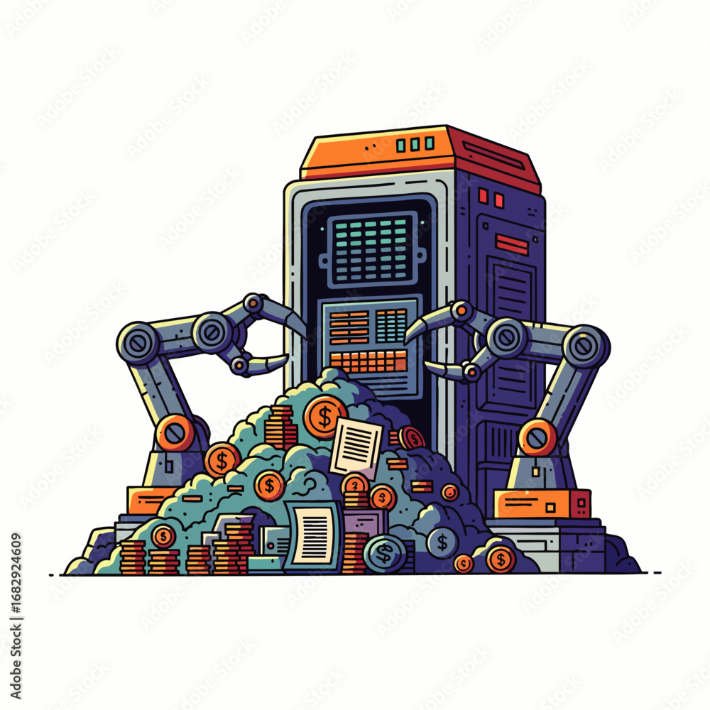 Poster a powerful server with robotic arms oversees a growing mountain of money and important documents, il