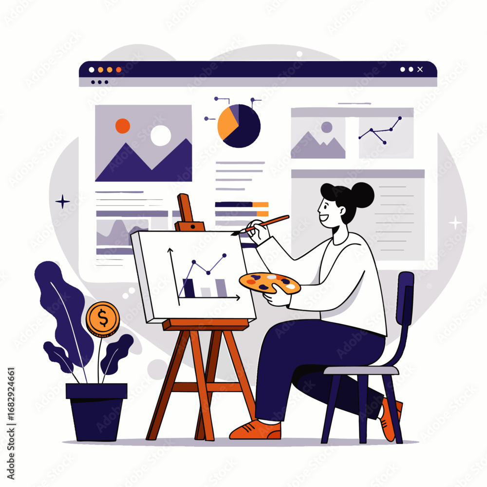 Poster a creative professional meticulously paints a data visualization on an easel, symbolizing the artist
