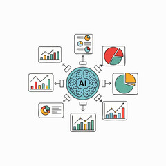 AI-powered data analysis infographic showing a brain connected to various charts and graphs, ideal for business presentations and reports.