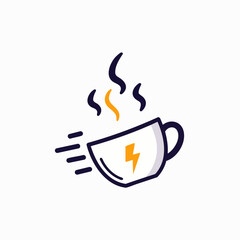 Vibrant graphic illustration of a steaming coffee cup with a lightning bolt and speed lines, representing a rapid energy boost or quick start to the day.