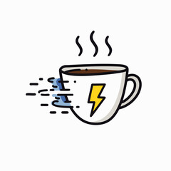 This vibrant vector illustration features a steaming hot coffee cup emblazoned with a lightning bolt, representing fast energy and a powerful morning boost.