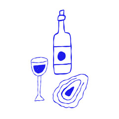 Doodle Wine Bottle and Glass with Oyster.  Sketch Vintage Italian Food Icon. Vector Blue Hand Drawn Illustration