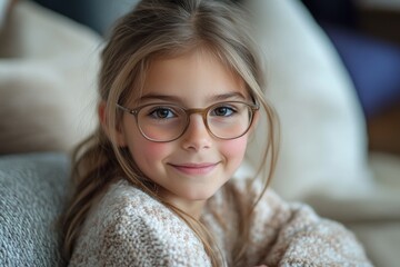 Portrait of a young smiling girl in glasses sitting relaxed on the sofa at home, confidently looking at the camera, Generative AI