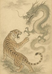 Tiger dragon mythical battle illustration.