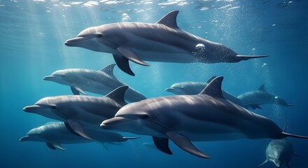 Naklejka premium A pod of bottlenose dolphins swimming gracefully underwater with sun rays filtering through the ocean surface.