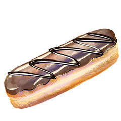 Delicious chocolate &eacute;clair with cream filling and glossy topping, hand drawn illustration. Perfect for bakery, dessert, pastry, and sweet food themes.

