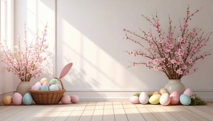 Pastel colored Easter eggs, some in a basket with bunny ears, against a sunny wall with flowering branches in vases and loose on the floor