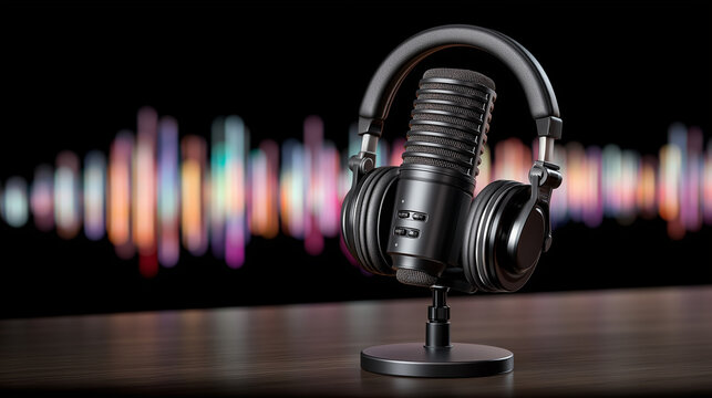 A former student edits a podcast in a home studio with microphones ready headphones on and soundwaves glowing presented in a modern photo with audio spikes cable coils and
