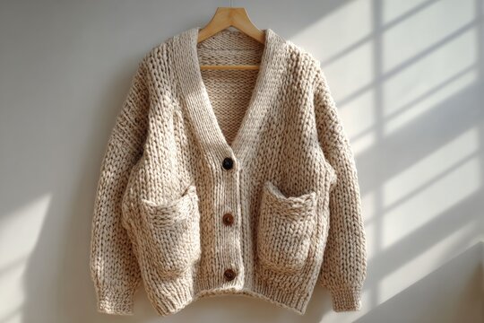 Beige knitted cardigan hangs on wooden hanger against a white wall, sunlight casts shadows
