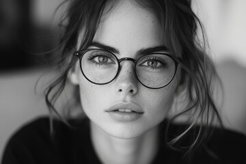 Close-up portrait of a brunette girl in glasses and a brown sweater smiling confidently at the camera while holding her hands near her face at home, Generative AI