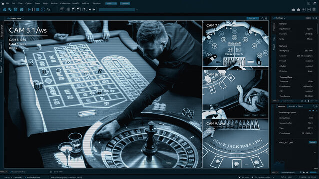 Mockup CCTV Footage Displays Multiple Casino Games. Main Screen Shows Roulette Table With Wheel and Betting Layout. Smaller Screens: Blackjack and Poker Tables. Software Template Split Screen