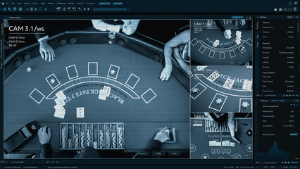 CCTV Security Displays Multiple Casino Tables. Screens Show Roulette Wheel, Blackjack Layout, and Poker Games. People Placing Bets and Dealing Cards. Surveillance Software Template Split Screen