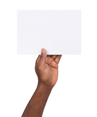 Man holding a blank rectangular piece of white paper isolated on white or transparent background 